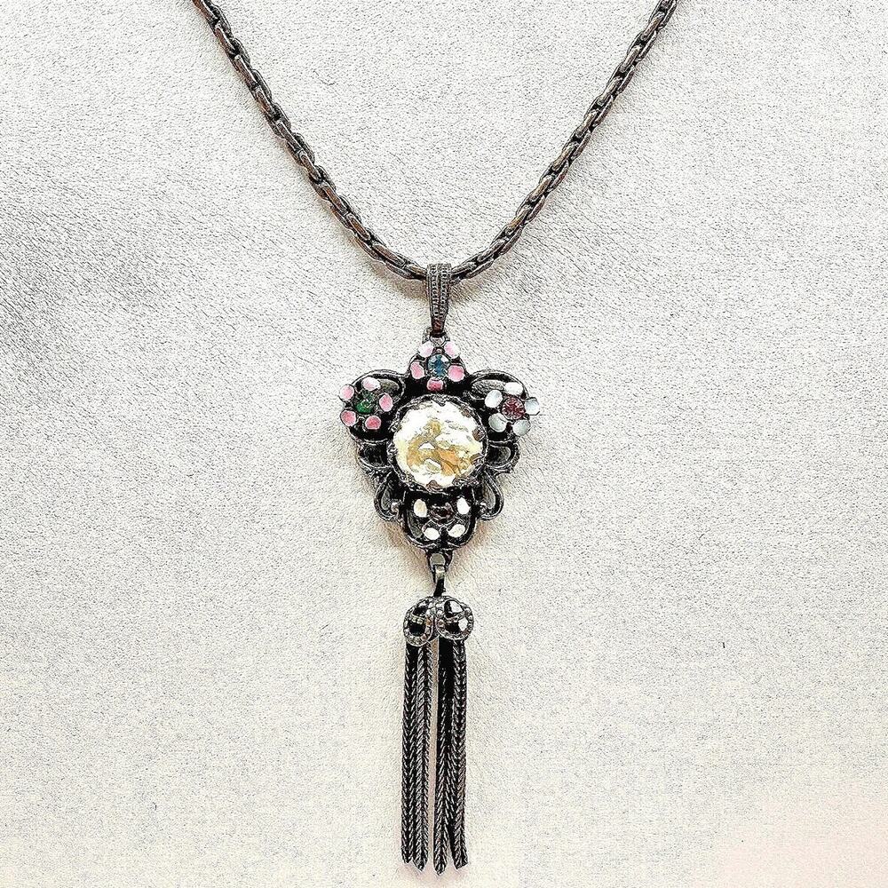 Vintage 80s Enamel Floral Tassel Necklace Faux Pearl Glass Bronze Tone Jewelry